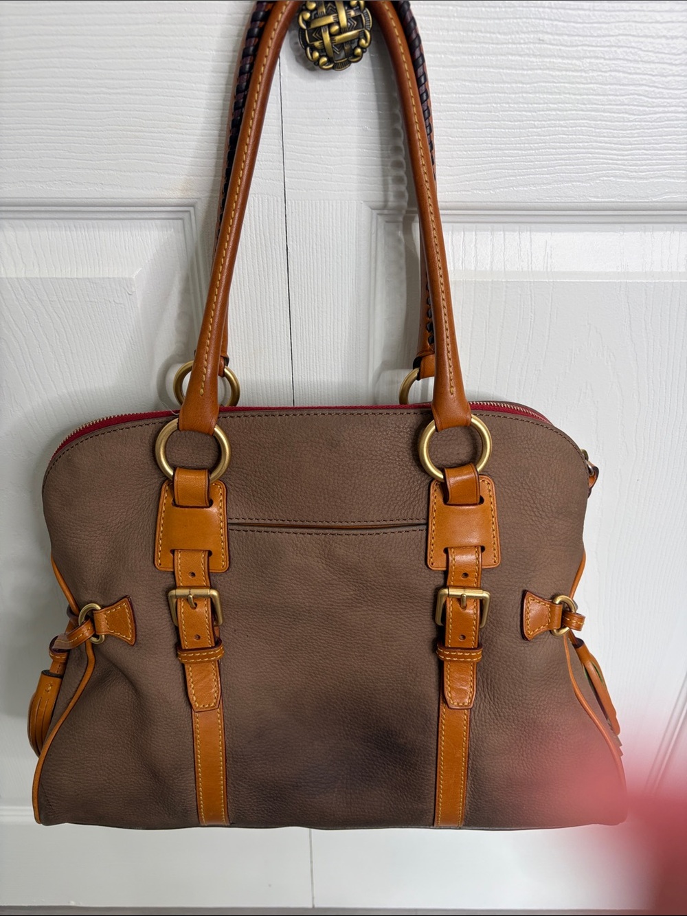 Dooney and Bourne Brown Leather Satchel with Tan Trim - Women's Handbag - Picture 9 of 14
